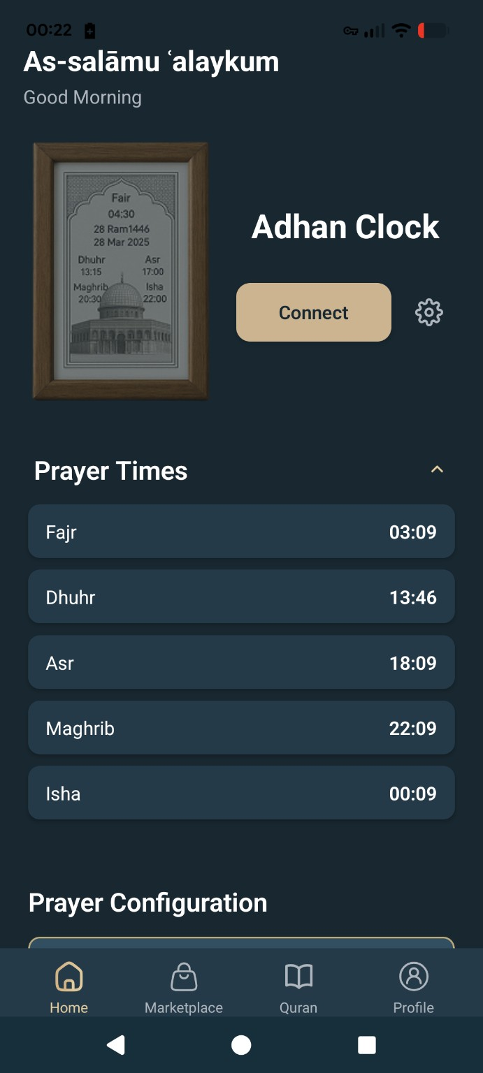 Adhan Paper app home screen with prayer times