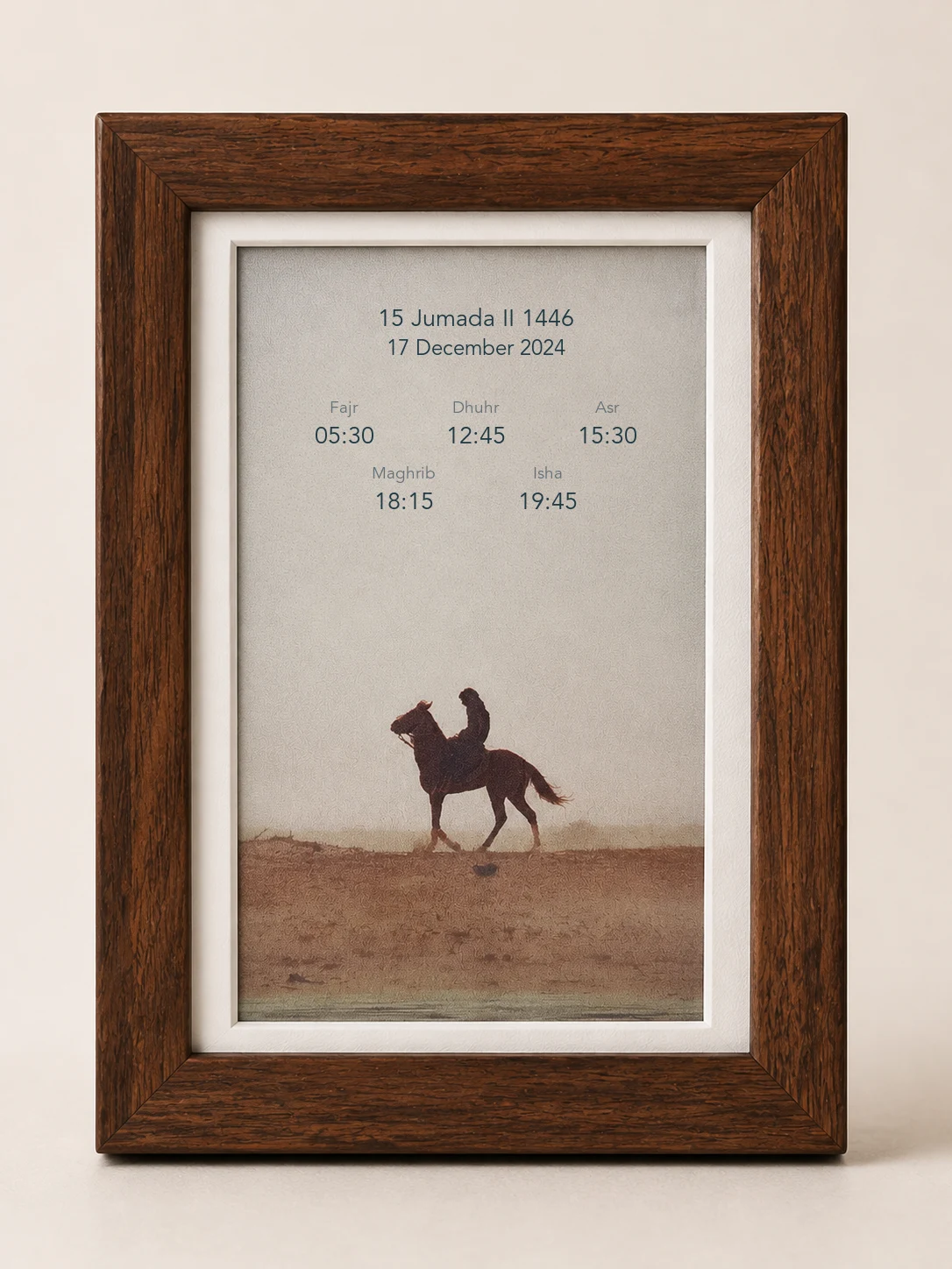 Desert Traveller on Adhan Paper with Islamic and Gregorian dates and five daily prayer times