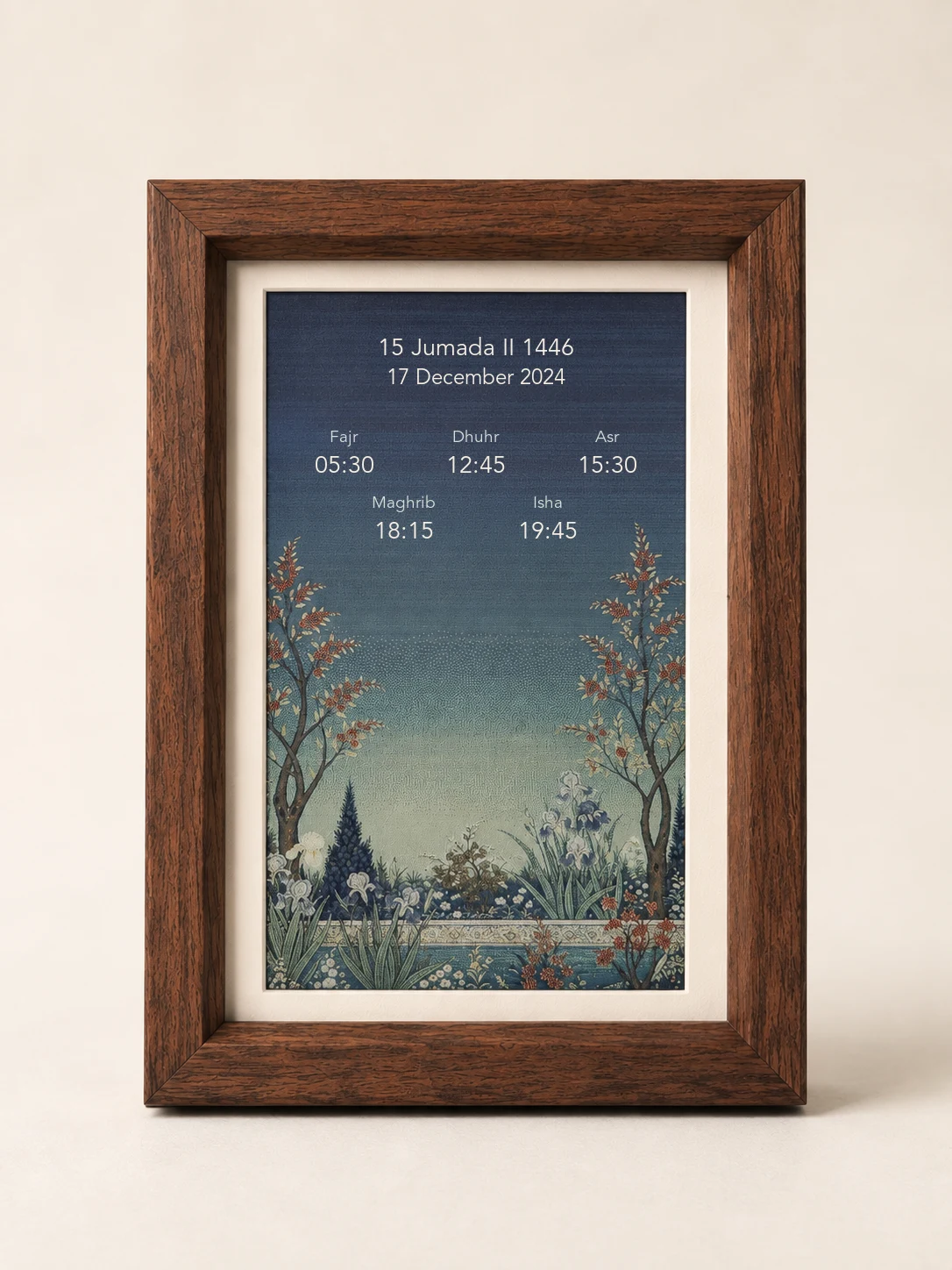 Garden Reverie on Adhan Paper with Islamic and Gregorian dates and five daily prayer times
