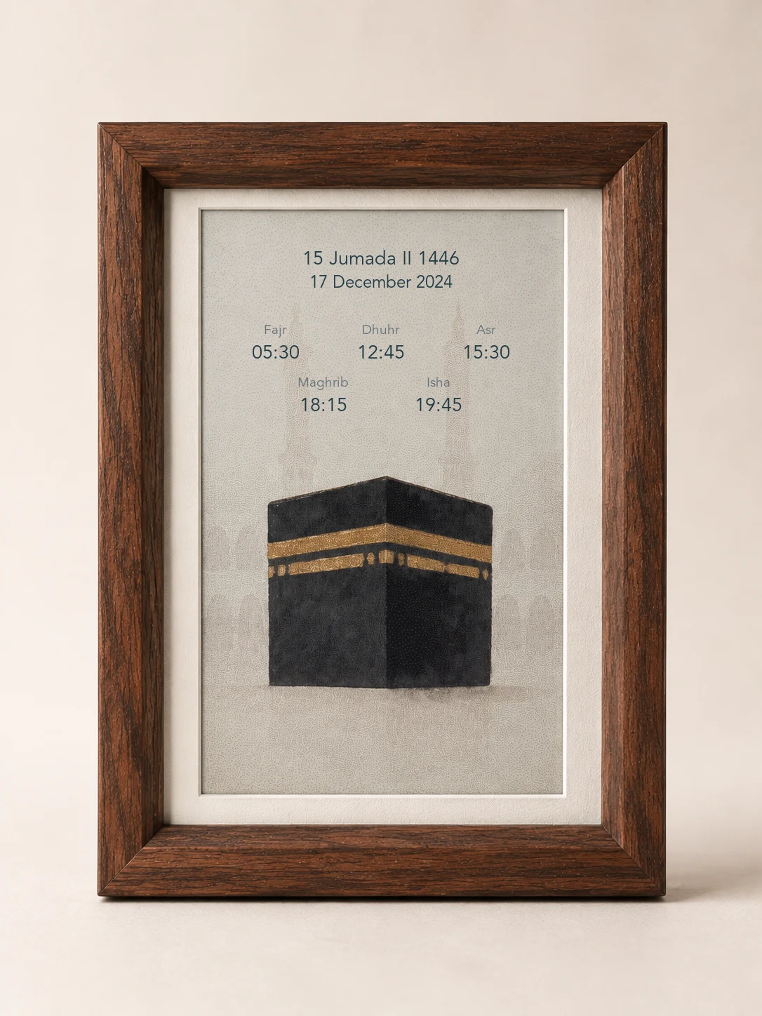 The Sacred House on Adhan Paper with Islamic and Gregorian dates and five daily prayer times
